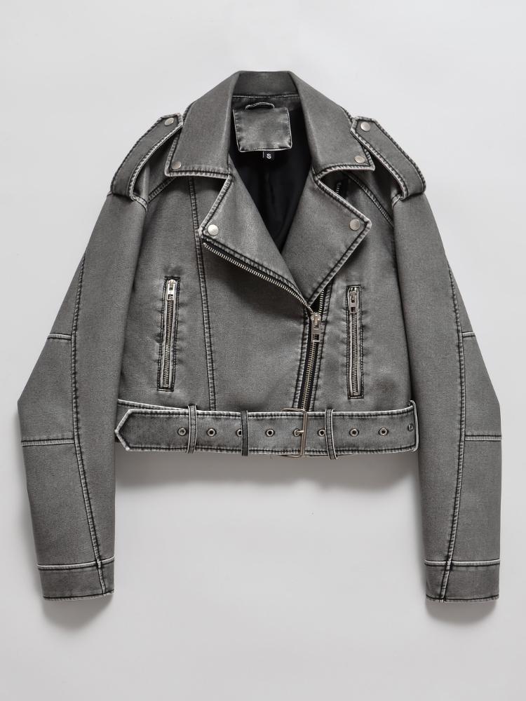 Весна-Осень, женская свободная молния с поясом, короткая куртка из искусственной кожи в стиле ретро, уличная одежда, женское шикарное винтажное пальто, верхняя одежда