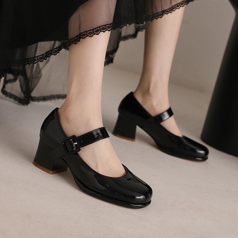 Patent PU Leather Orange Red Closed Toe Women Pumps Big Size 47 48 Mature Lady Office Shoes Buckle Strap Mary Jane Chunky Heels Big Plus Size 48
