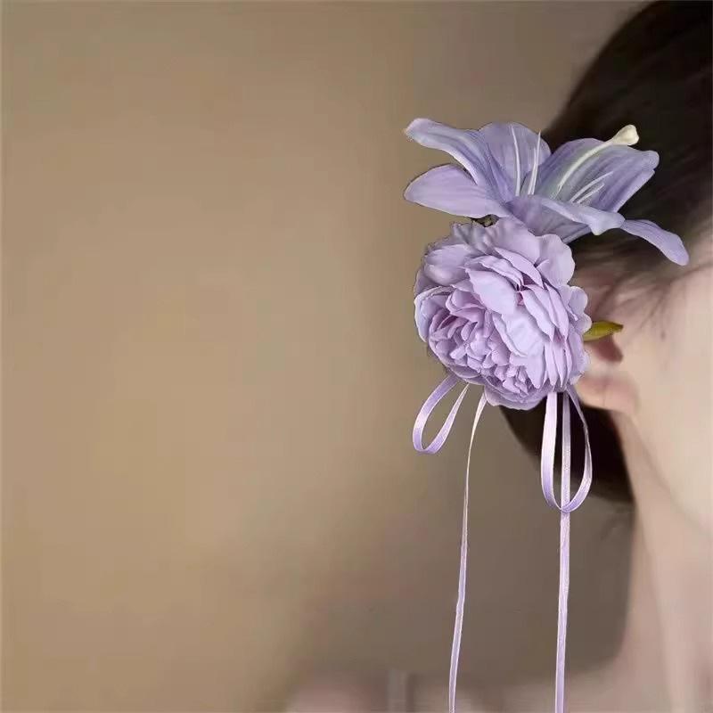 Purple Peony Tassel Hair Claw Gentle Summer Sweet Elegant Women All Match Atmosphere Hair Ornaments