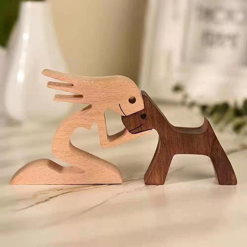 1PC Handmade Wooden Dog Statues, Playful Family and Pet Sculptures, Suitable for Home or Office Decoration