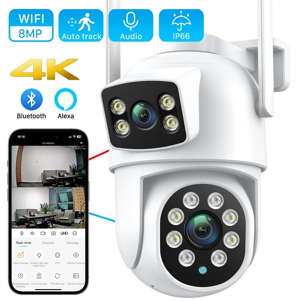 New EU 4K 8MP PTZ WIFI Camera Dual Lens Dual Screen 4X Digital Zoom IP Camera 4MP HD Auto Tracking Outdoor CCTV Surveillance ICSee App