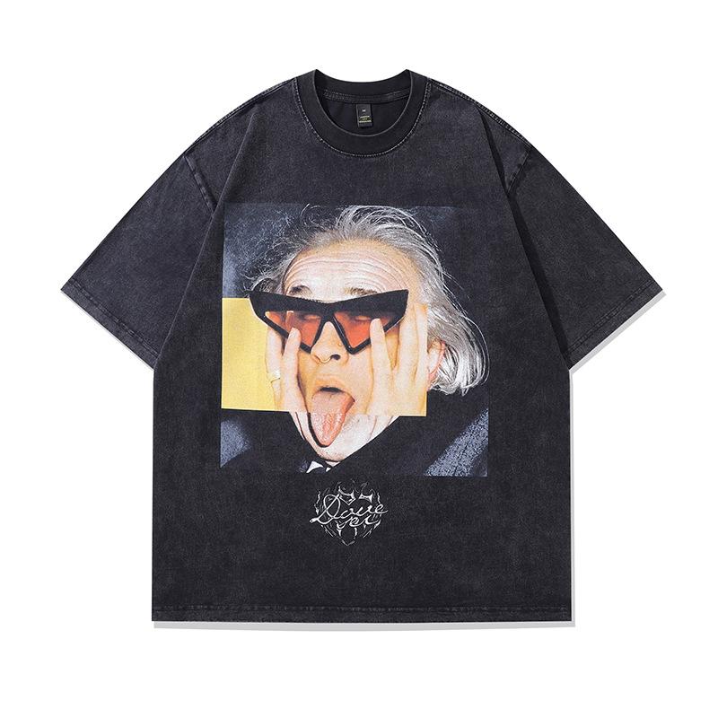 Summer Heavy Cotton Washed Vintage Top Harajuku Street Retro Printed Short-Sleeved T-Shirt Men Ins