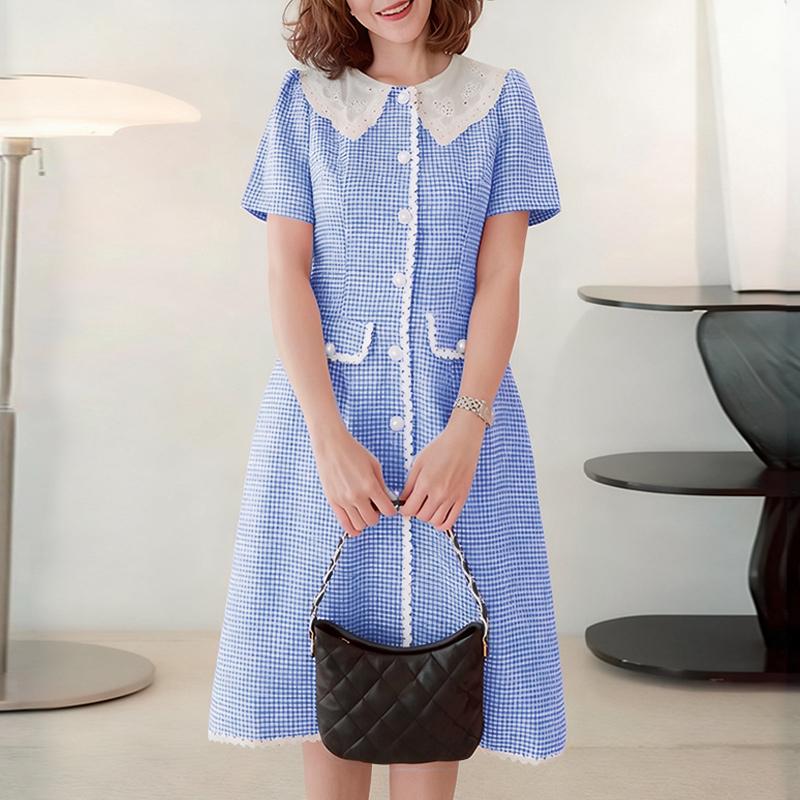 ZANZEA Женское повседневное платье с кружевной вставкой, кукольным воротником, коротким рукавом и клетчатым принтом
