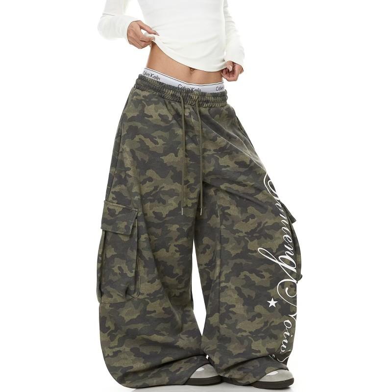 Womens Camo Cargo Pants High Waist Wide Leg Streetwear Hip Hop Dance Trousers Kpop Sweet Cool Style