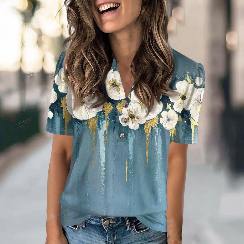 Women's Fashion Casual Flower Print V-neck Short Sleeve Button Up T-shirt Top