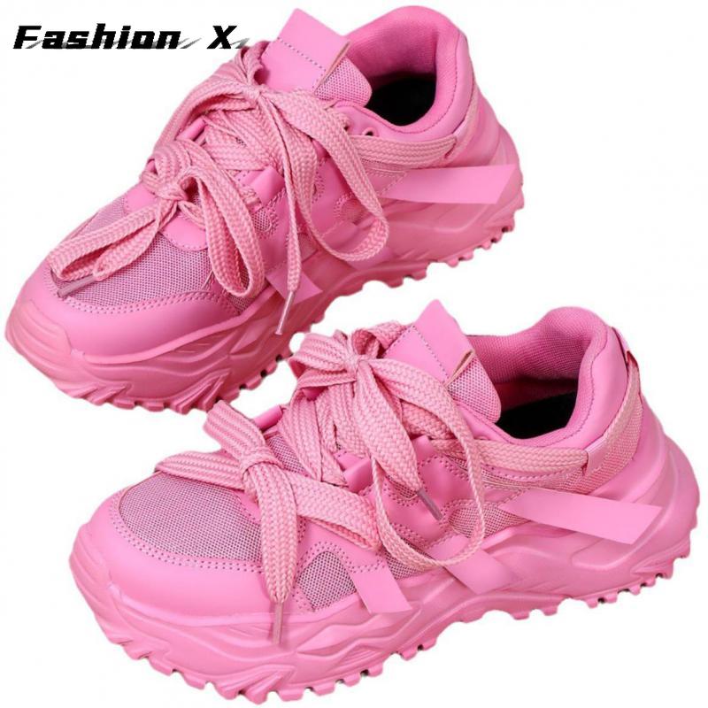 Розовые кроссовки на платформе, пара, толстая подошва, женская и мужская мода 2025 года, роскошные массивные туфли, теннисные туфли без застежек, повседневные весенние кроссовки