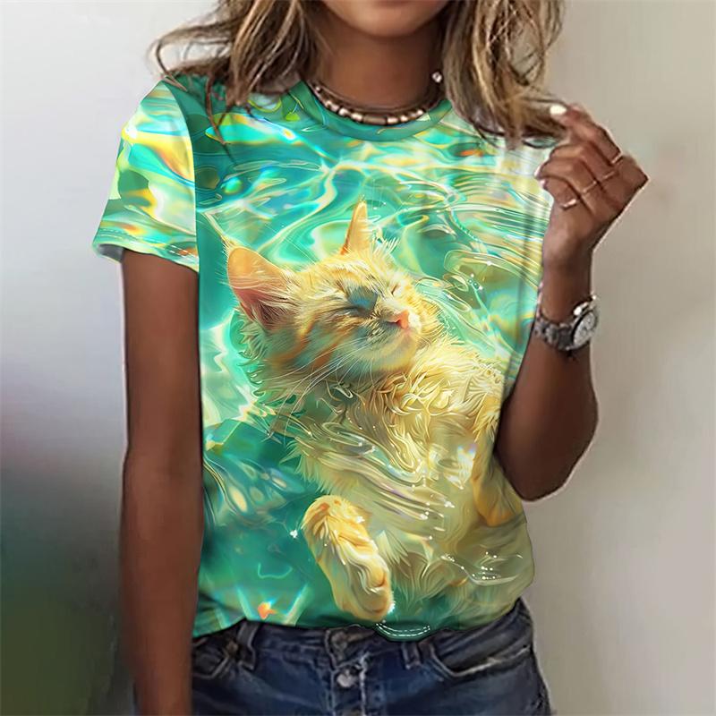 Футболка с рисунком «Клубника, черника, кошка», женская футболка с 3D-принтом «Фрукты», летняя мода, повседневные свободные футболки с короткими рукавами и круглым вырезом