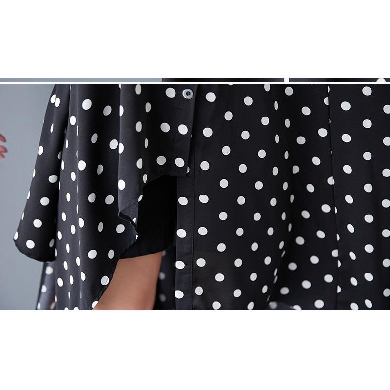 DIMANAF 2025 Большой размер Новая летняя блузка Короткий рукав Повседневные длинные рубашки Женские свободные топы Футболки В горошек