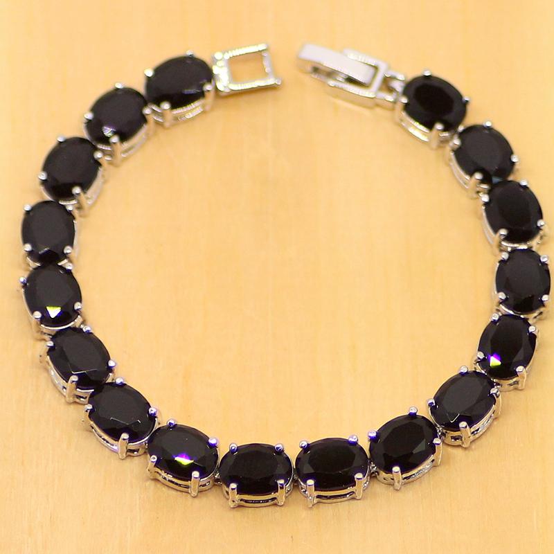 Black Zircon 925 Sterling Silver Round Link Chain Bracelet 7 Inch for Women Free Shipping & Jewelry Bag S085