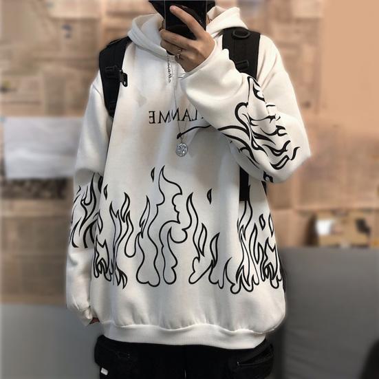 Мужское осеннее худи с принтом пламени, капюшоном, длинными рукавами, мягкое, теплое, свободного кроя, в стиле хип-хоп, зимнее худи для школы