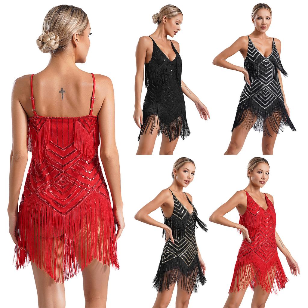 Womens 1920s Flapper Dance Dress V Neck Shiny Sequins Adjustable Spaghetti Straps Fringe Latin Party Costume