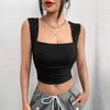 Women Summer Casual Pure Black Bare Midriff Vest Crop Top