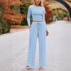 Шт./Комплект Женский Топ Брюки Костюм Круглый Вырез Длинные Рукава Slim Fit Топ Высокий
