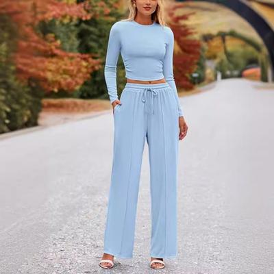 Шт./Комплект Женский Топ Брюки Костюм Круглый Вырез Длинные Рукава Slim Fit Топ Высокий