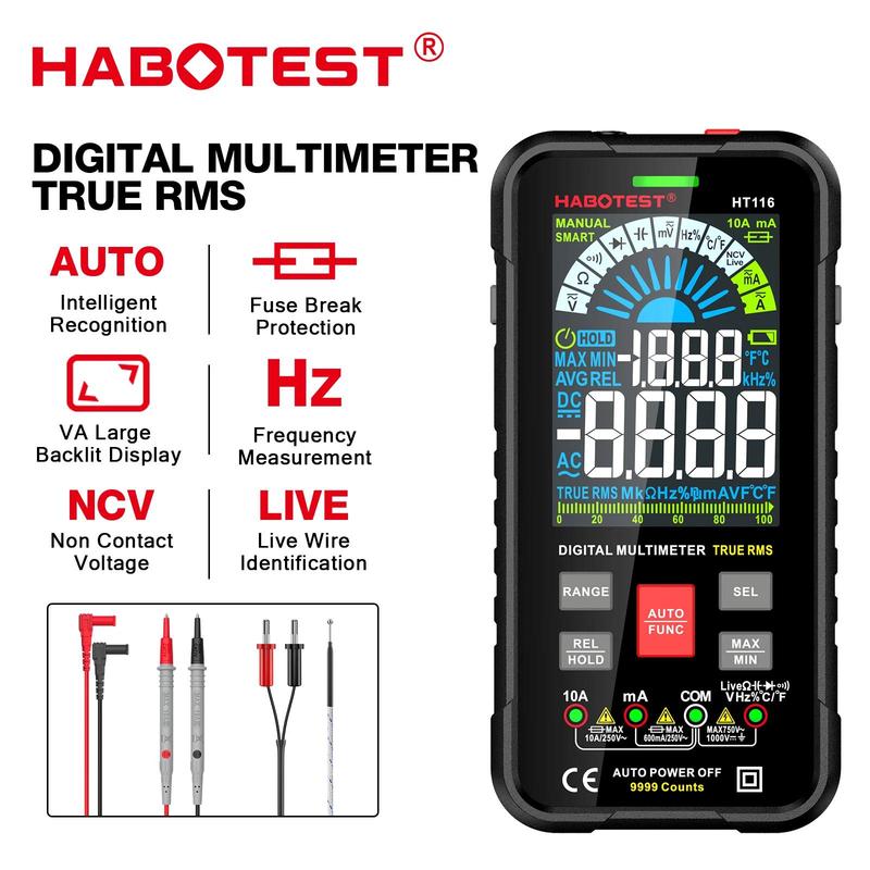 Цифровой мультиметр HABOTEST HT116, 9999 отсчетов, Автоматический выбор диапазона, 1000 В, 10 А, Тестер, Омметр, Частотомер, Измеритель емкости, True RMS, Умный мультиметр