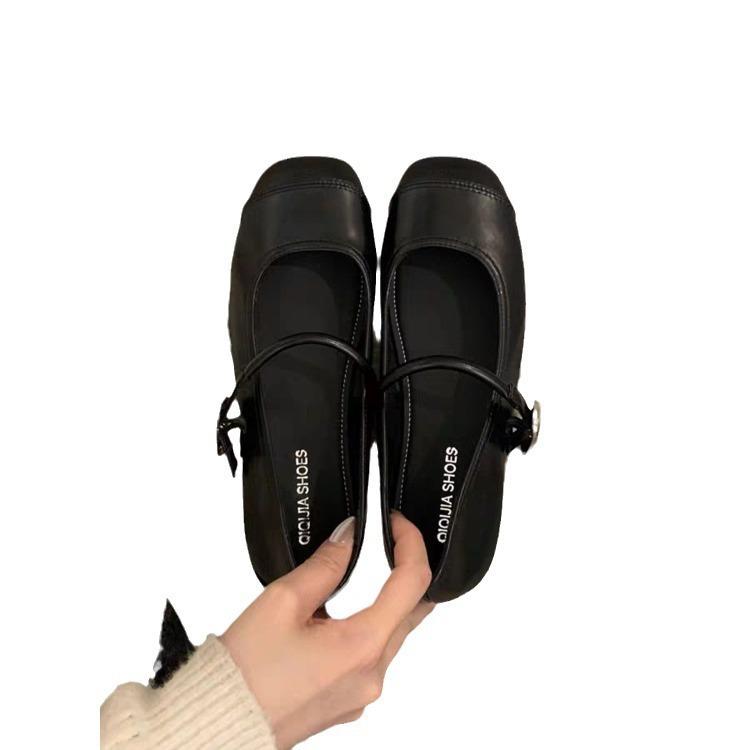 Girls Mary Jane Single Shoes Female Spring Square Head Flat Shallow Mouth Soft Bottom Soybean Shoes
