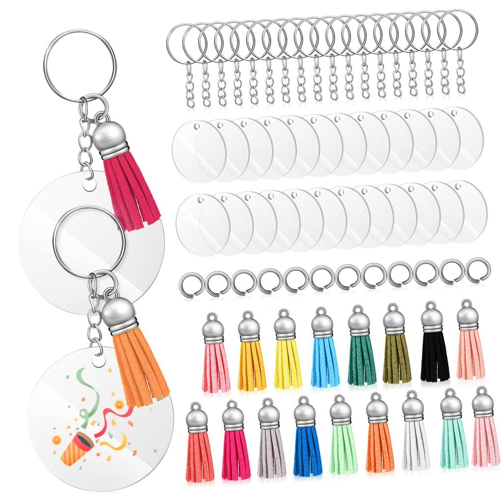 EXCEART 120pcs 2-inch Clear Acrylic Key Ring Blanks with Tassels and Jump Rings, DIY Keychains, Craft Supplies, Smooth Edges, Protective Film Included