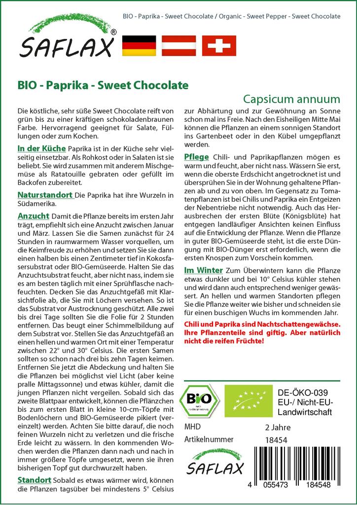 SAFLAX Garden in the Bag - Органический - Сладкий перец - Сладкий шоколад - 10 семян - С субстратом в подходящем пакете - Capsicum annuum