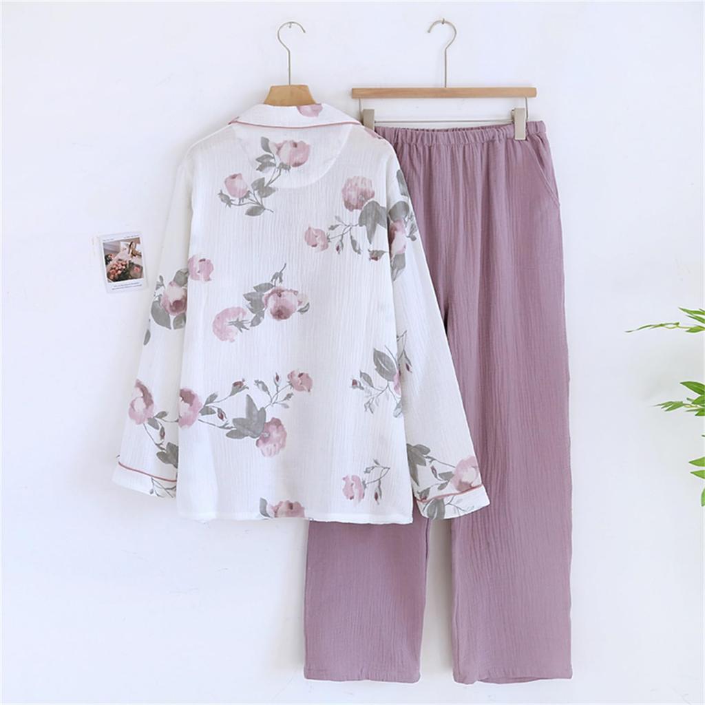 Kyonuza Cotton Loungewear for Spring and Solid Gauze Simple Long Day Size x Purple Women's 100% Pajamas, Open-Front Autumn, Color, Fabric,