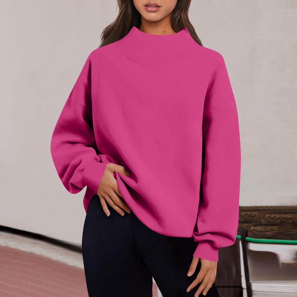 Women's Fashion Solid Color Long Sleeve Loose Slit Half Turtleneck Pullover Sweatshirt Top