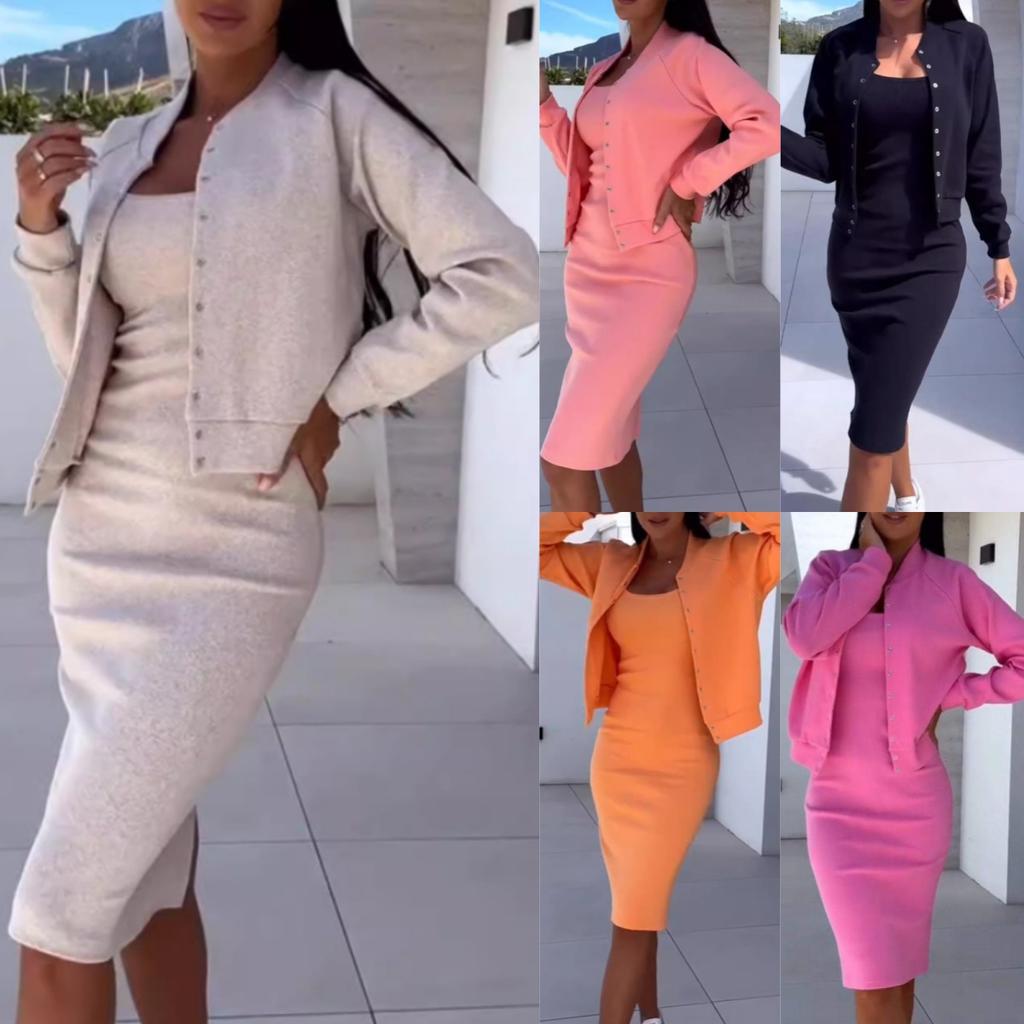 Женский однотонный приталенный костюм для вечеринок, модный повседневный плащ с длинными рукавами и комплект платья с подтяжками, элегантный осенний