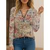 2025 New Women's Patchwork Casual Long-sleeved V-neck Printed Versatile Casual Long-sleeved Tops