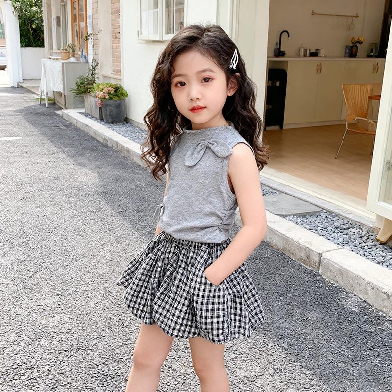 Летний серый жилет и юбка-пачка в горошек для девочек, комплект 2025