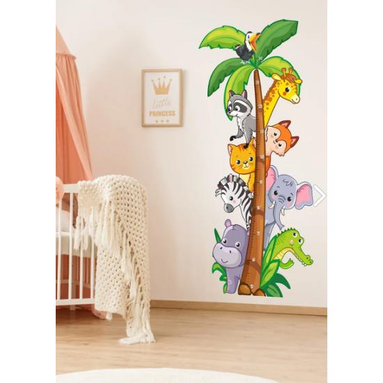 Cute Safari Animals Themed Height Measure Kids Room Multipurpose Cabinet Wall Sticker Set