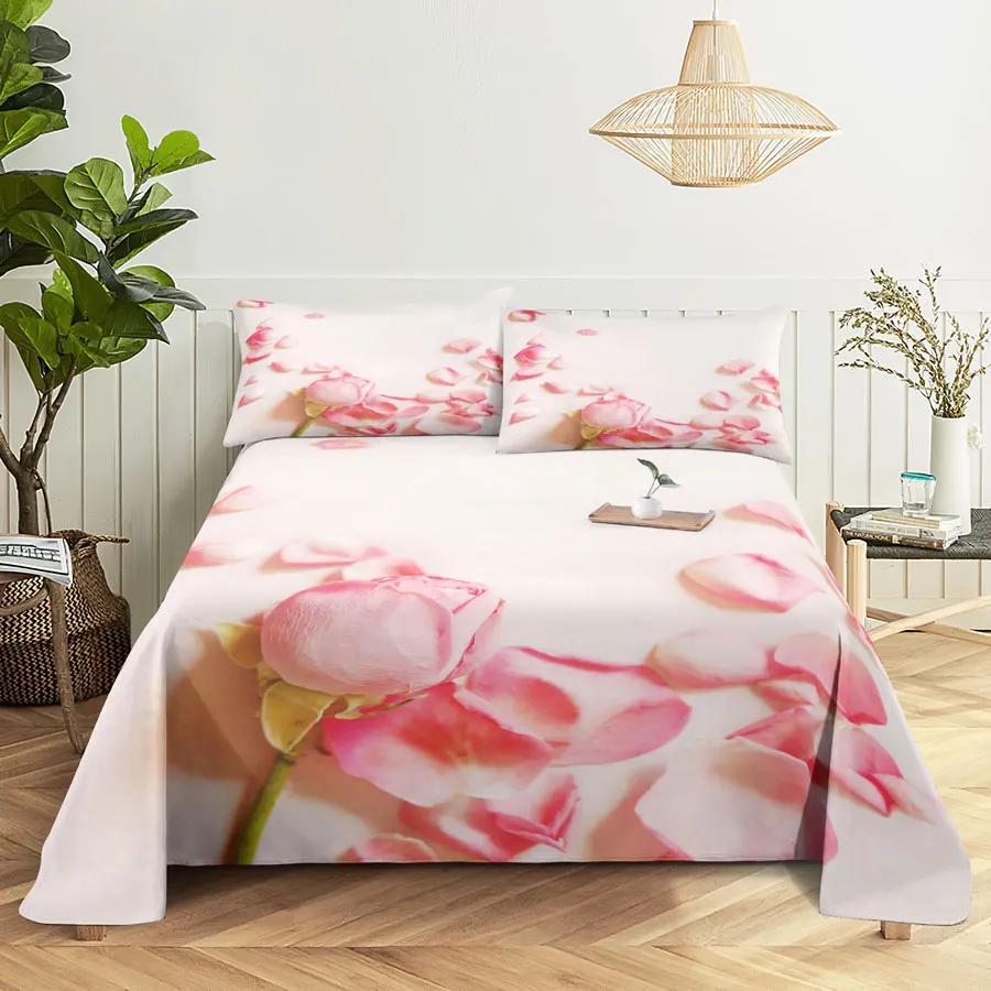 Pink Floral Bed Sheet Set Pillowcase Bedding Linens Cover Flower Queen King Twin Full Size for Single Double Bed Soft Thin