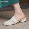 2024 New Arrival Women Sandals Square Toe Low Heels Mules Splicing Genuine Leather Slippers Casual Shoes Woman Spring Summer