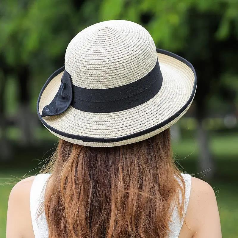 Летняя пляжная соломенная шляпа, женская пляжная шляпа с бантом, большой солнцезащитный козырек, крутая шляпа с керлингом