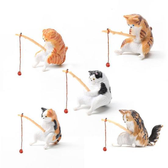 Cat Fishing Figurine Mini Resin Cute Cat Statue Miniature Fish Tank Landscaping Aquarium Decor for Fairy Garden Home Decor