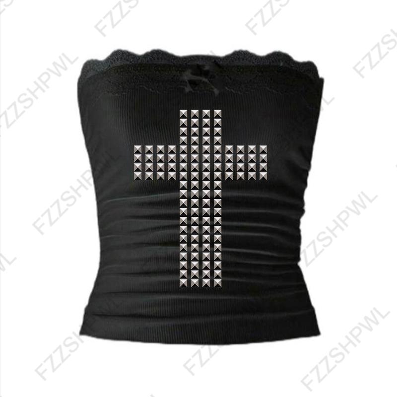 VAYLA Готическая Панк Рок Хип Хоп Женская Футболка с Коротким Рукавом Сексуальная Приталенная Шикарная Повседневная Базовая Металлический Декор Кроп-топы Y2K Эмо Одежда для Девушек