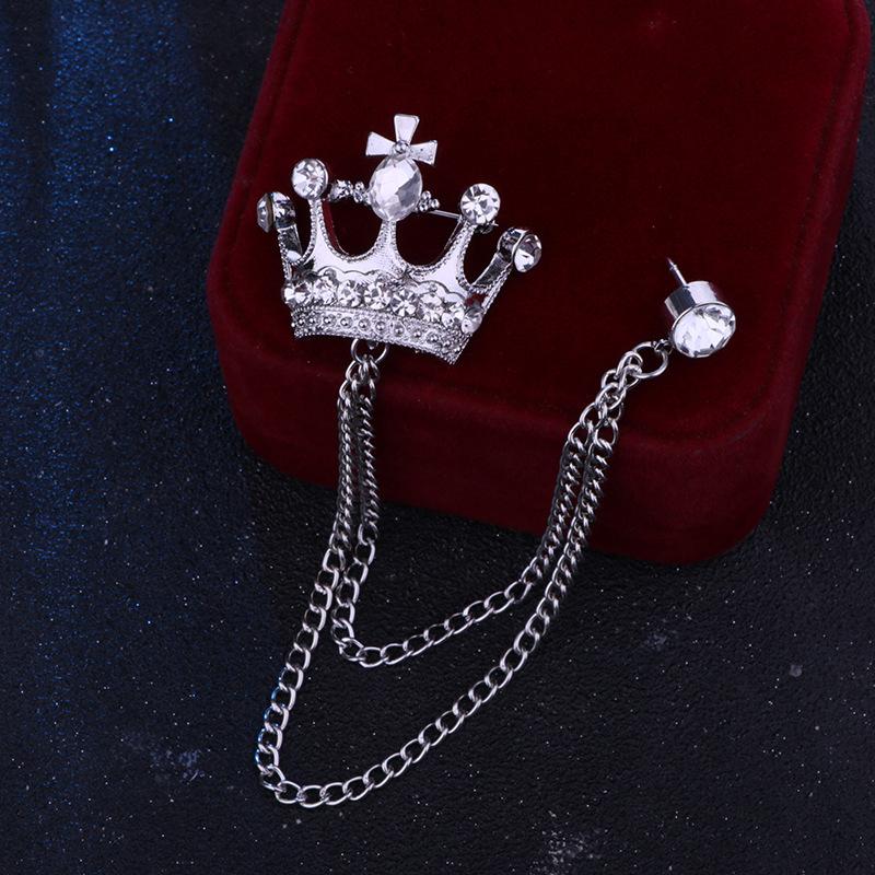 Crystal Men Brooch Pin Crown Fashion Collar Pins Suit Lapel Wedding Gift Jewelry Cross Chain