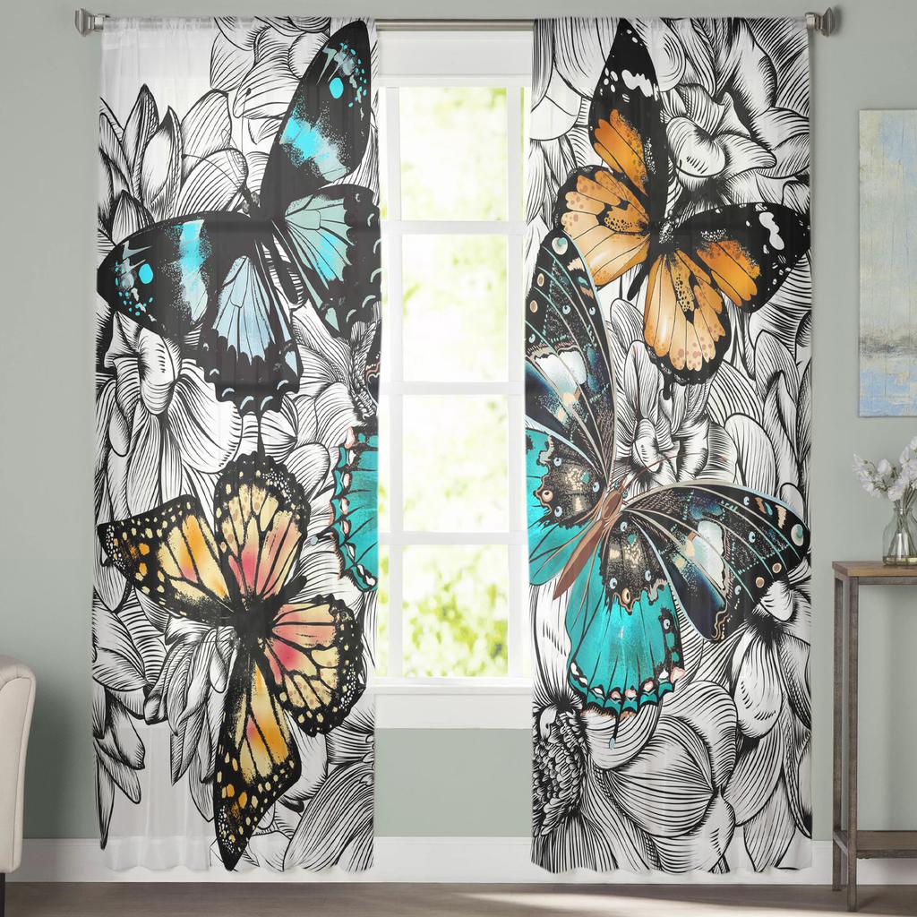 Flower And Colorful Butterfly Sheer Curtains For Living Room Bedroom Kitchen Home Decor Tulle Voile Curtains Windows Drapes