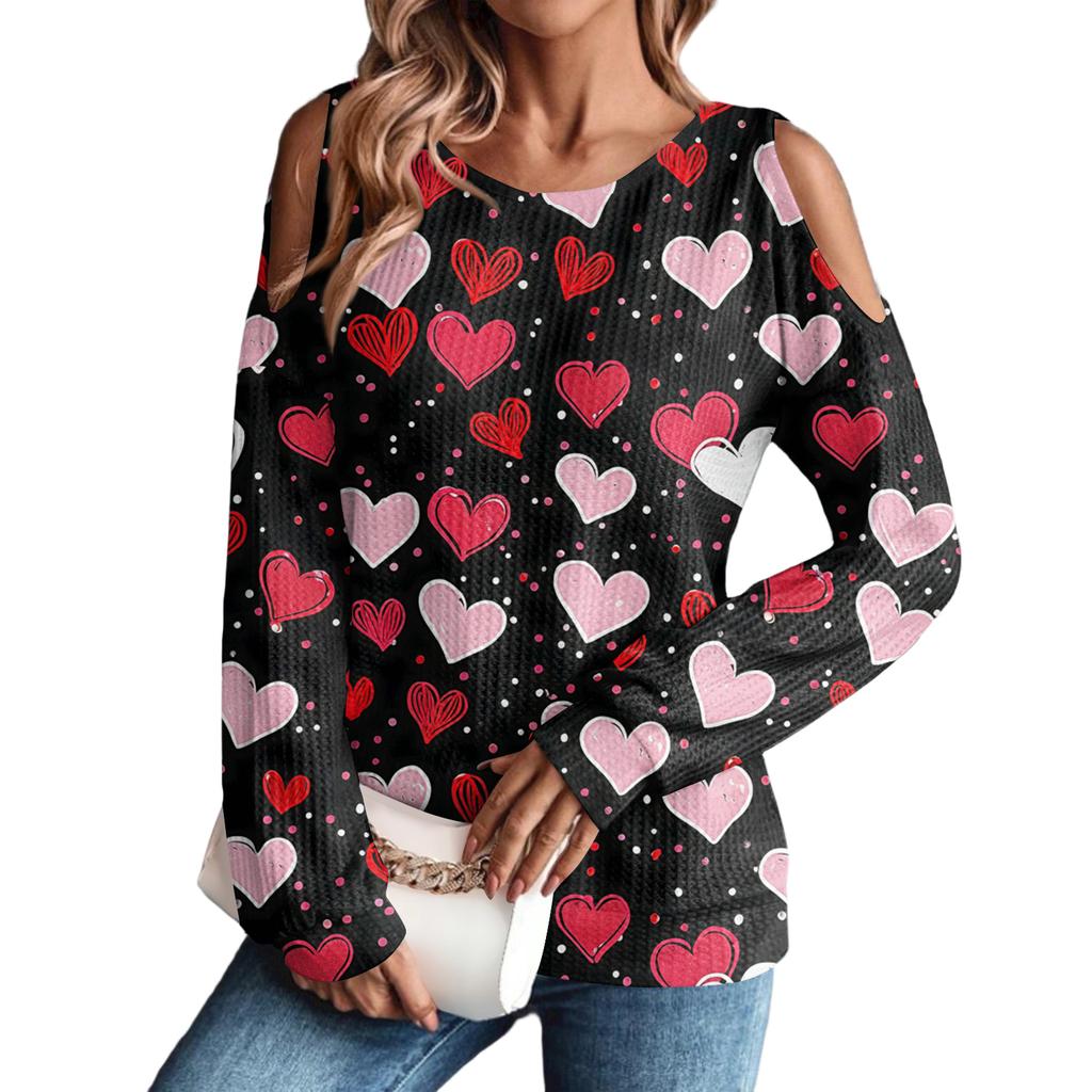 Women's Winter Oversized T-Shirt Fashionable Off-the-Shoulder Round Neck Vintage Floral Print Pullover Long-Sleeved Top