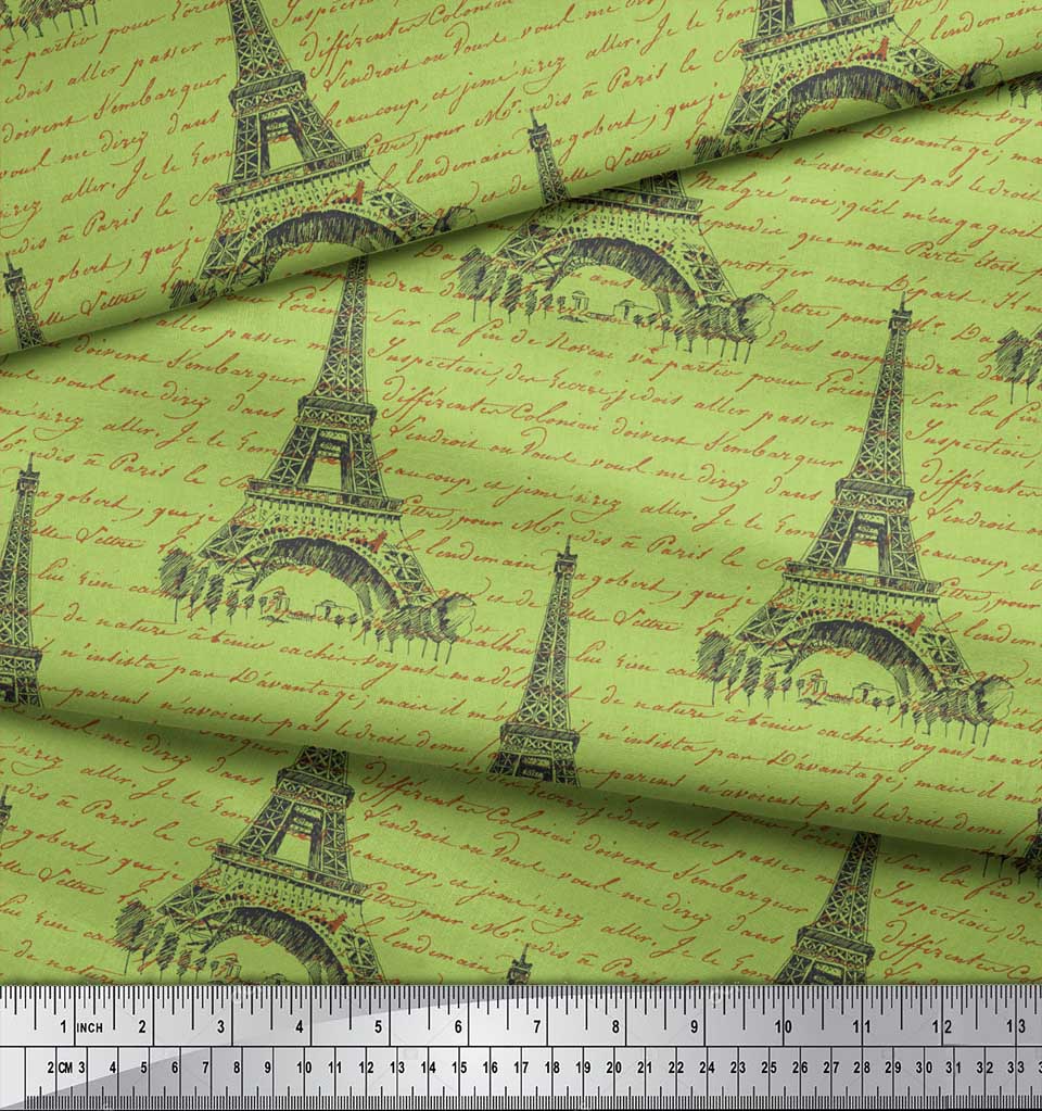 Soimoi Зеленая японская креп-сатиновая ткань с текстом и архитектурным принтом Эйфелевой башни, 1 метр 42 дюйма