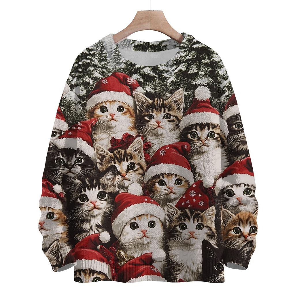 Женская мода круглый вырез повседневный длинный рукав рождественский милый принт шерстяной трикотажный топ