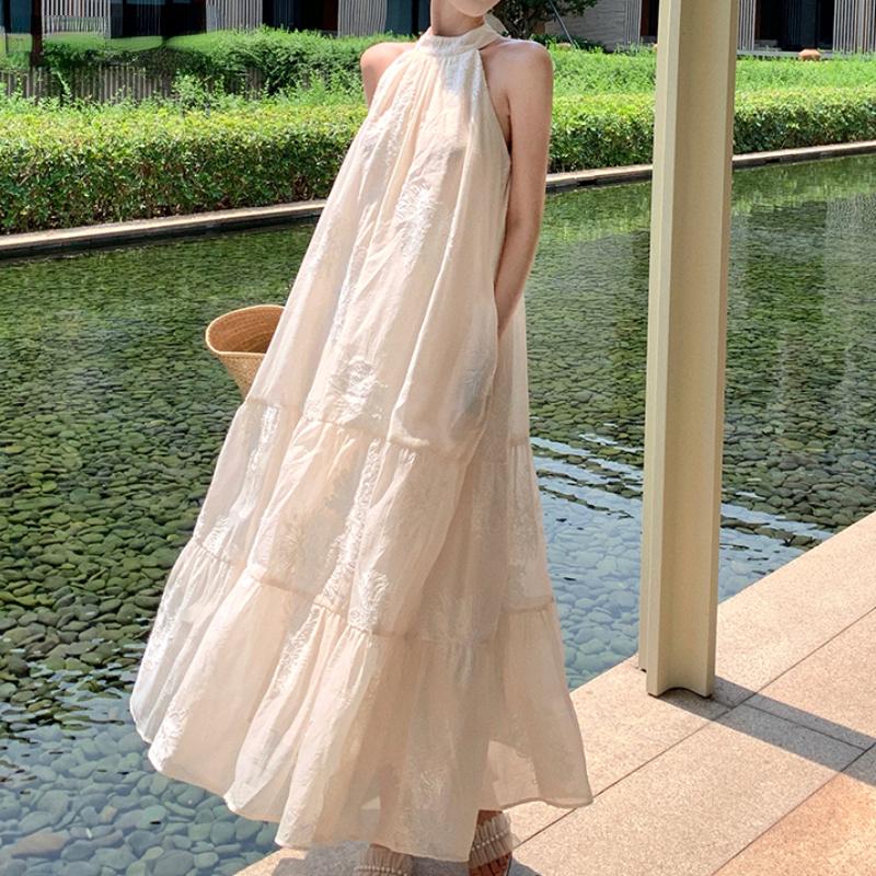 Темпераментное богемное платье миди без рукавов в приморском курортном стиле, сексуальное свободное платье миди без рукавов с висячим воротом, женское лето 2024