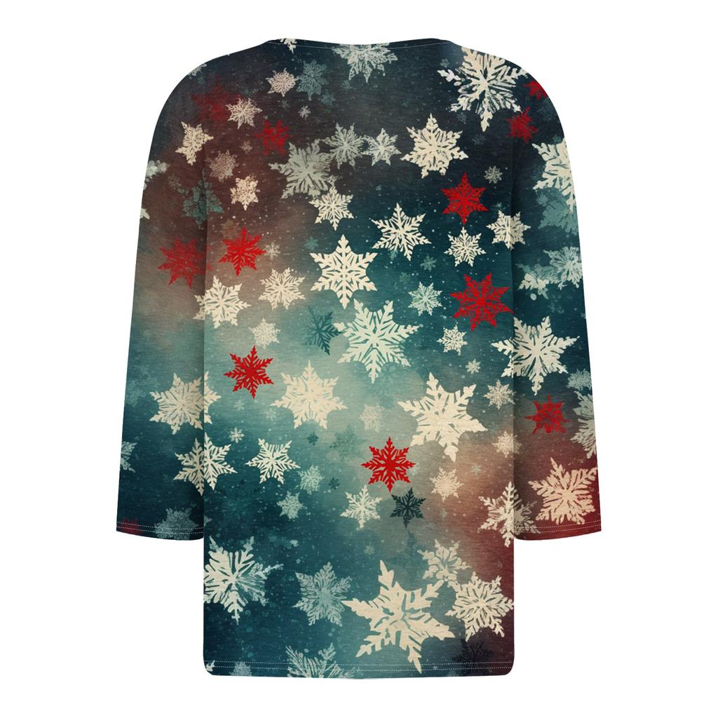 Женская рубашка с рукавом семь дюймов, напечатанная в стиле ретро, повседневная, свободная, с V-образным вырезом, рождественская