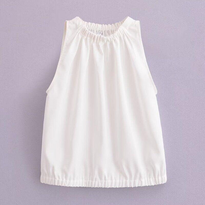 Fashion Style 2024 Summer Romantic Garden Style Minimal White Pleated Round Neck Sleeveless Shirt 05143946251