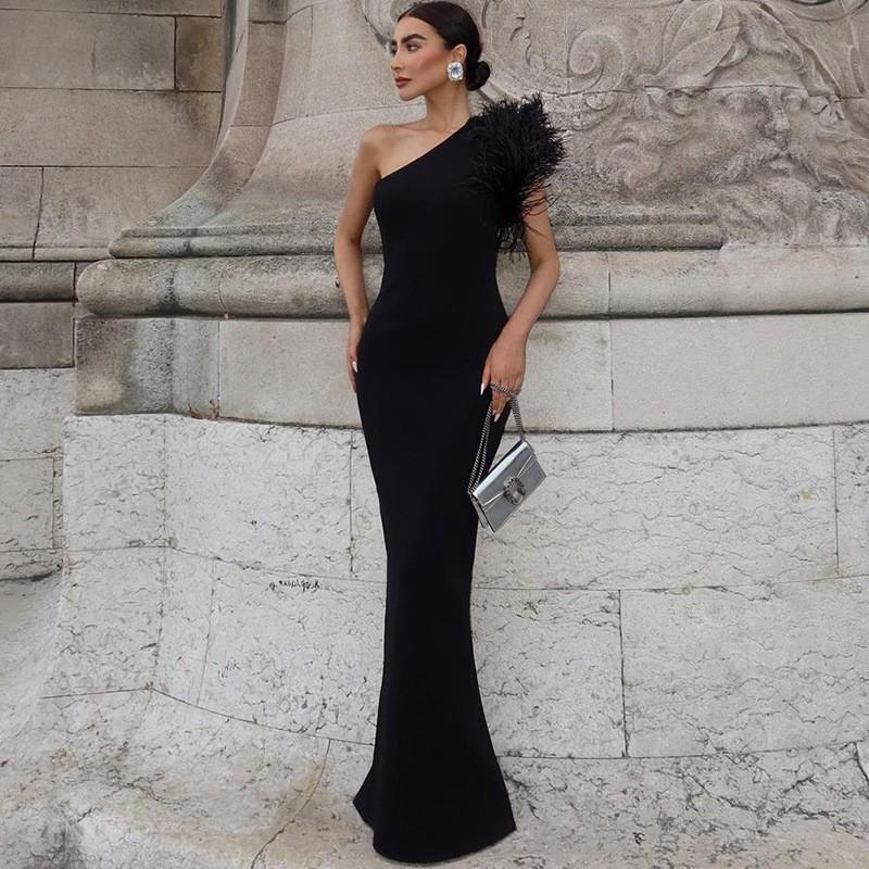 Elegant Solid Color Feather Spliced Slash Neck Long Evening Dress Women
