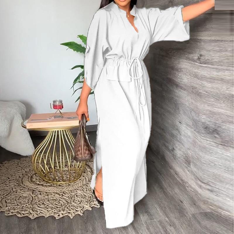 HNXC Весеннее женское платье с рукавами 3/4 отличается элегантным и модным однотонным длинным платьем с завышенной талией для женщин.