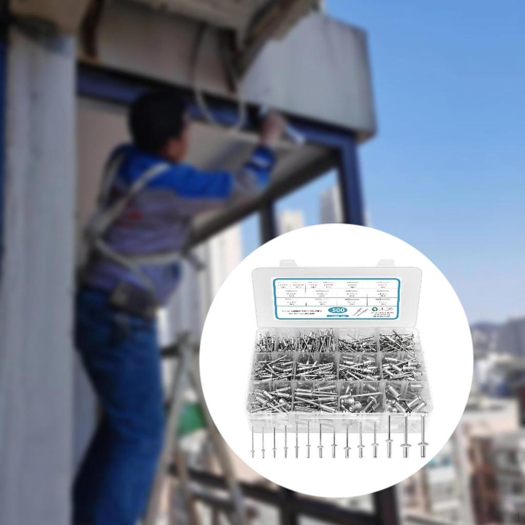 500Pcs Blind Rivets 3/32" 1/8" 5/32" 3/16" 1/4" SAE Open End Assorted Rivet Set for