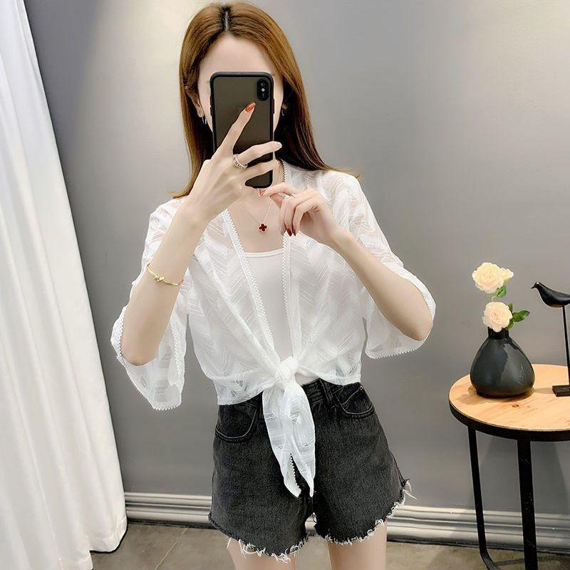 Ажурный шифоновый кардиган, солнцезащитная куртка для лета в паре с кружевной тонкой верхней одеждой, женская шаль