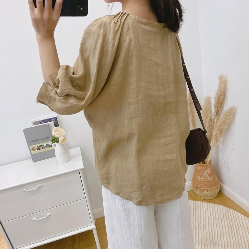 Johnature Весенние льняные рубашки для женщин, винтажные японские свободные женские блузки с воротником с оборками и рукавами три четверти