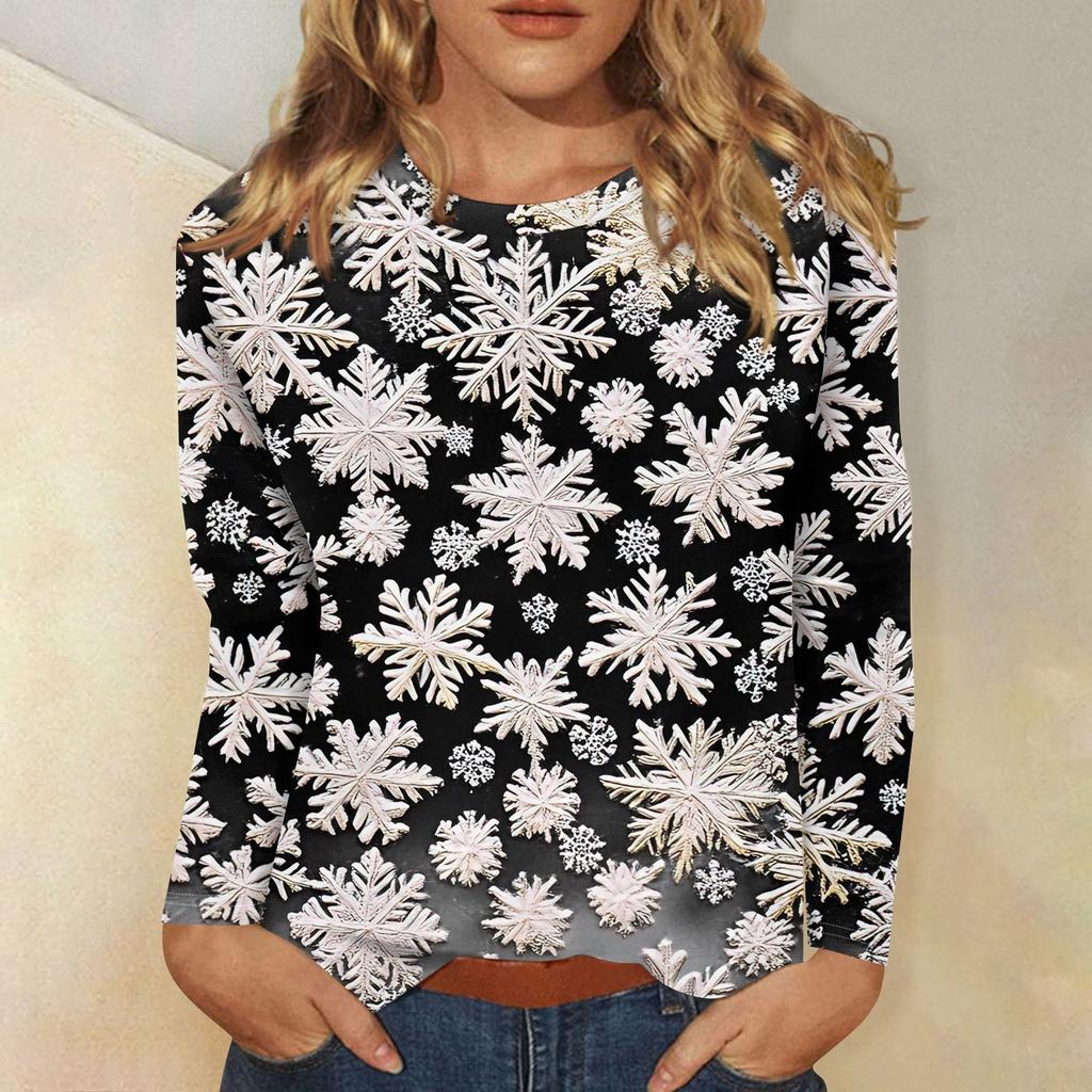 Women's Fashion Casual Christmas Printed Round Neck Long Sleeve Pullover Top