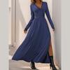 Women Fashion Spring Autumn Long Sleeve Lacework V Neck Solid Color High Split One Piece Dress