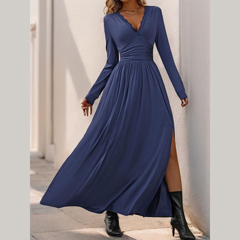 Women Fashion Spring Autumn Long Sleeve Lacework V Neck Solid Color High Split One Piece Dress