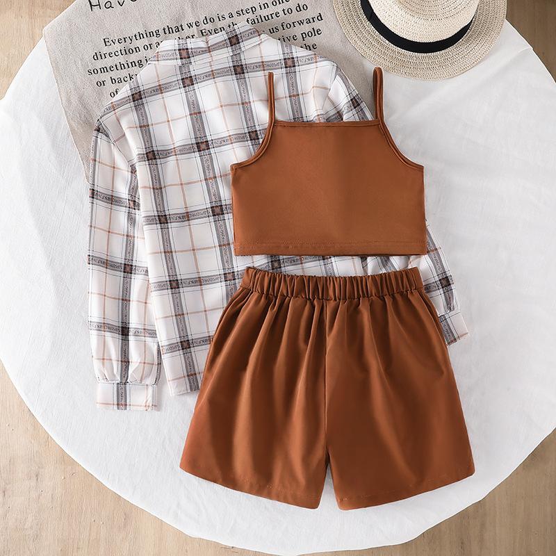 Повседневный комплект для девочек 2025 Осень Детская мода Клетчатая рубашка с длинным рукавом, топ на бретелях и шорты